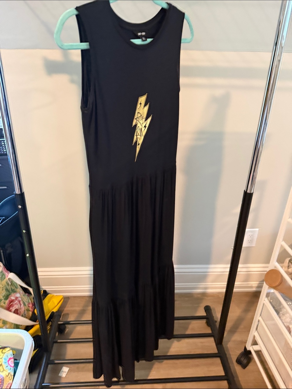 Sleeveless Black Maxi Dress with Gold Lightning Accent